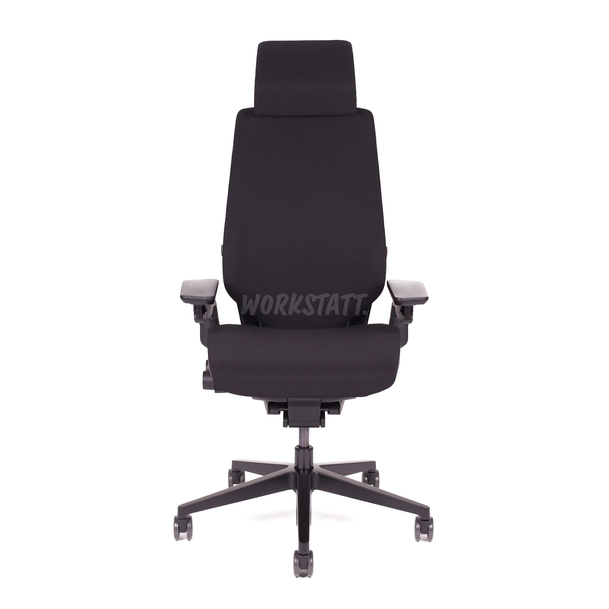 Steelcase Gesture Bürostuhl Black Edition von Workstatt mit Kopfstütze in der Frontalansicht | mit Kopfstütze